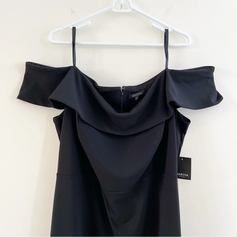 NWT Marina Plus Off The Shoulder Scuba Crepe Flounce Black Cocktail Dress 22W